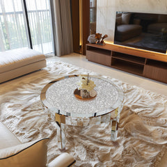 Coffee Table, Round, Silver Mirrored Glass with Crushed Diamond Inlay