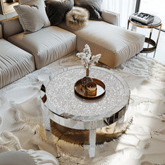 Coffee Table, Round, Silver Mirrored Glass with Crushed Diamond Inlay