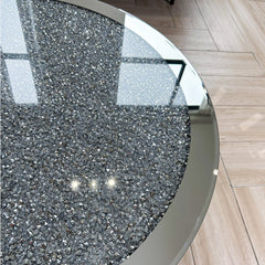 Coffee Table, Round, Silver Mirrored Glass with Crushed Diamond Inlay