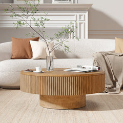 Coffee Table, Round Solid Ash and Oak with Fluted Pedestal, Natural