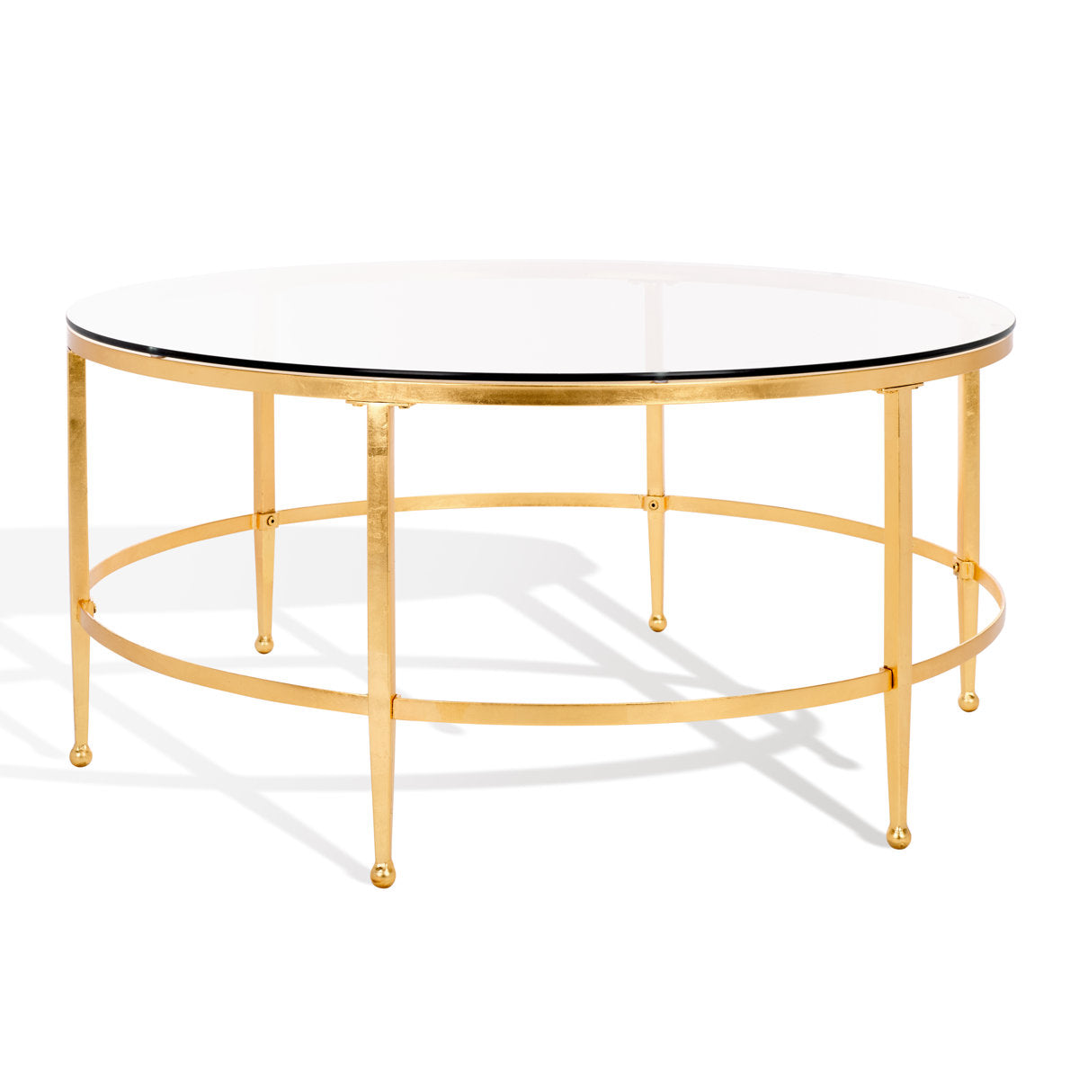 Coffee Table, Round Tempered Glass Top with Antique Gold Iron Base