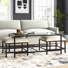 Coffee Table Set, 3-Piece, Clear Glass Top, Black Steel Base