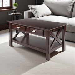 Coffee Table, Solid and Engineered Wood with Drawers, Cappuccino