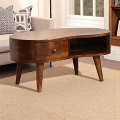 Coffee Table, Solid Mango Wood with Drawer and Open Shelf