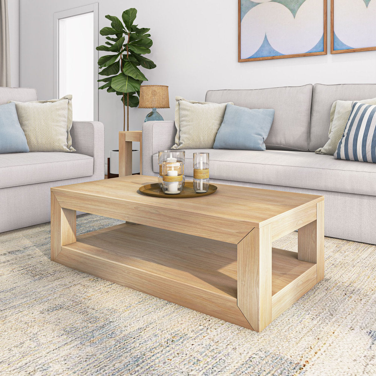 Coffee Table, Solid Pine with Storage Shelf in Blonde Wirebrush