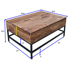 Coffee Table, Solid Sheesham Wood, Brown with Black Iron Base