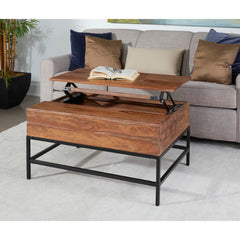 Coffee Table, Solid Sheesham Wood, Brown with Black Iron Base