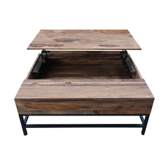Coffee Table, Solid Sheesham Wood, Brown with Black Iron Base