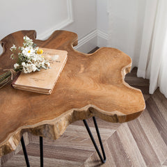 Coffee Table, Solid Teak, Brown Top with Black Iron Base