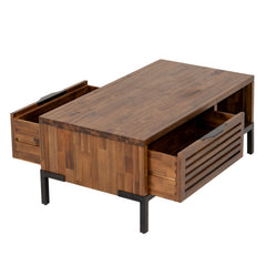 Coffee Table, Solid Wood with 2 Drawers, Brown Top and Black Base