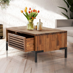 Coffee Table, Solid Wood with 2 Drawers, Brown Top and Black Base