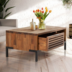 Coffee Table, Solid Wood with 2 Drawers, Brown Top and Black Base