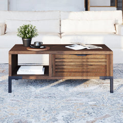 Coffee Table, Solid Wood with 2 Drawers, Brown Top and Black Base