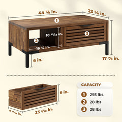 Coffee Table, Solid Wood with 2 Drawers, Brown Top and Black Base