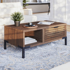 Coffee Table, Solid Wood with 2 Drawers, Brown Top and Black Base