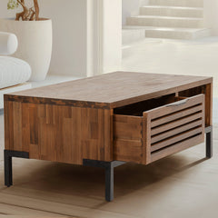 Coffee Table, Solid Wood with 2 Drawers, Brown Top and Black Base