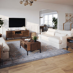 Coffee Table, Solid Wood with 2 Drawers, Brown Top and Black Base