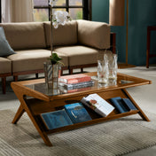 Coffee Table, Solid Wood with Glass Top in Pecan
