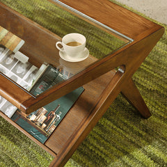 Coffee Table, Solid Wood with Glass Top in Pecan