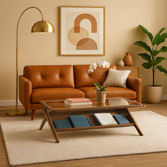 Coffee Table, Solid Wood with Glass Top in Pecan