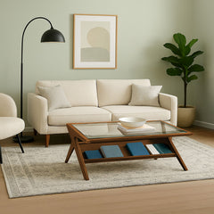 Coffee Table, Solid Wood with Glass Top in Pecan