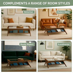 Coffee Table, Solid Wood with Glass Top in Pecan