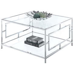 Coffee Table, Square Tempered Glass, Chrome Metal Frame, Clear