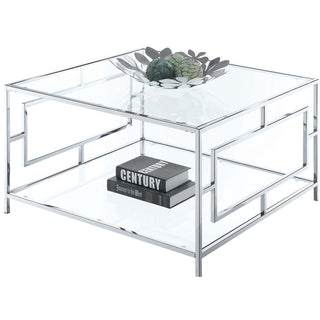 Coffee Table, Square Tempered Glass, Chrome Metal Frame, Clear