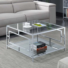 Coffee Table, Square Tempered Glass, Chrome Metal Frame, Clear