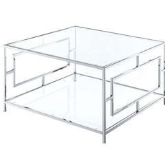 Coffee Table, Square Tempered Glass, Chrome Metal Frame, Clear