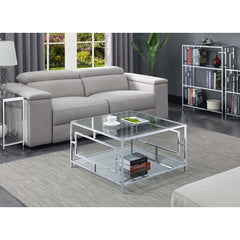 Coffee Table, Square Tempered Glass, Chrome Metal Frame, Clear