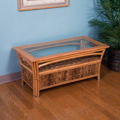 Coffee Table, Tempered Glass Top, Brown Rattan Base