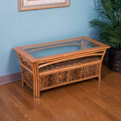 Coffee Table, Tempered Glass Top, Brown Rattan Base
