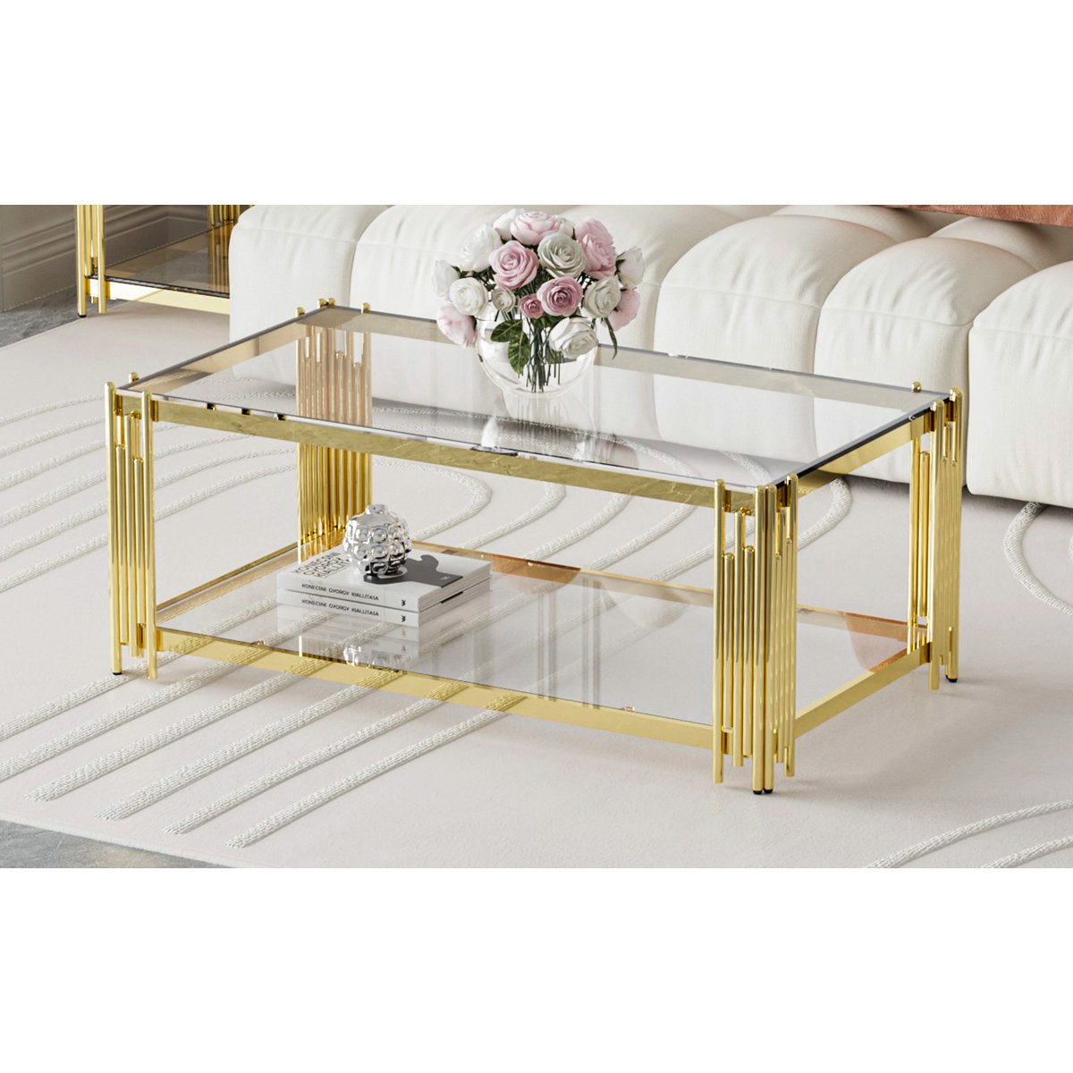 Coffee Table, Tempered Glass Top, Gold Stainless Steel Base