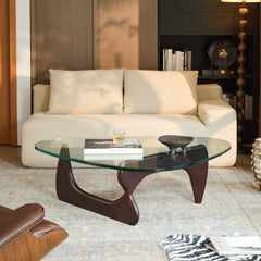 Coffee Table, Tempered Glass Top with Walnut Solid Wood Base