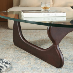 Coffee Table, Tempered Glass Top with Walnut Solid Wood Base