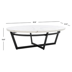 Coffee Table, White Faux Marble Top with Black Iron Base