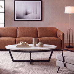 Coffee Table, White Faux Marble Top with Black Iron Base