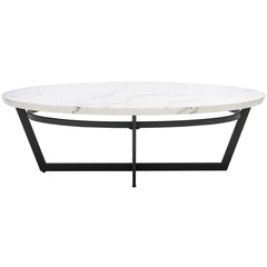 Coffee Table, White Faux Marble Top with Black Iron Base