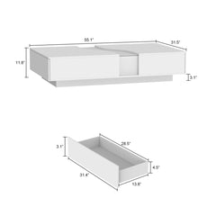 Coffee Table, White, Tempered Glass Top, 2 Drawers, LED Lighting