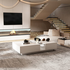 Coffee Table, White, Tempered Glass Top, 2 Drawers, LED Lighting