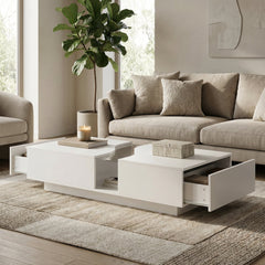 Coffee Table, White, Tempered Glass Top, 2 Drawers, LED Lighting