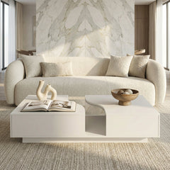 Coffee Table, White, Tempered Glass Top, 2 Drawers, LED Lighting