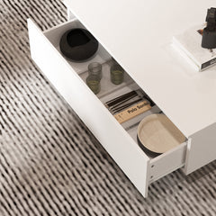 Coffee Table, White, Tempered Glass Top, 2 Drawers, LED Lighting