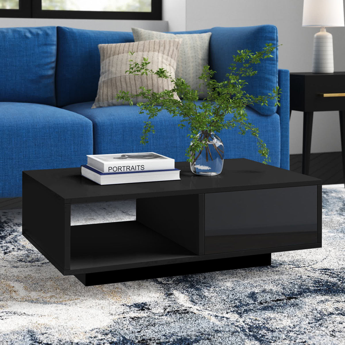 Coffee Table with 16-Color LED Lighting and Drawer in Black Gloss