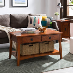 Coffee Table with 2 Drawers and Solid Wood Top, Russet