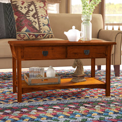 Coffee Table with 2 Drawers and Solid Wood Top, Russet