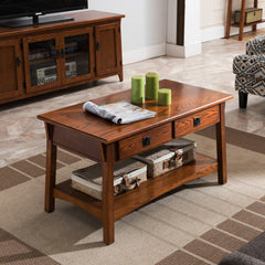 Coffee Table with 2 Drawers and Solid Wood Top, Russet