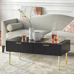 Coffee Table with 2 Drawers, Manufactured Wood Top, Gold Steel Base