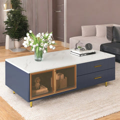 Coffee Table with 4 Drawers and 2 Glass-Door Cabinets
